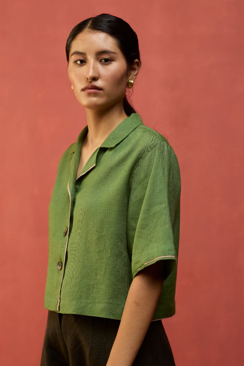 Kiera Cuban Collar Linen Co-ord Set - Fern Green by Manan for Worldwide