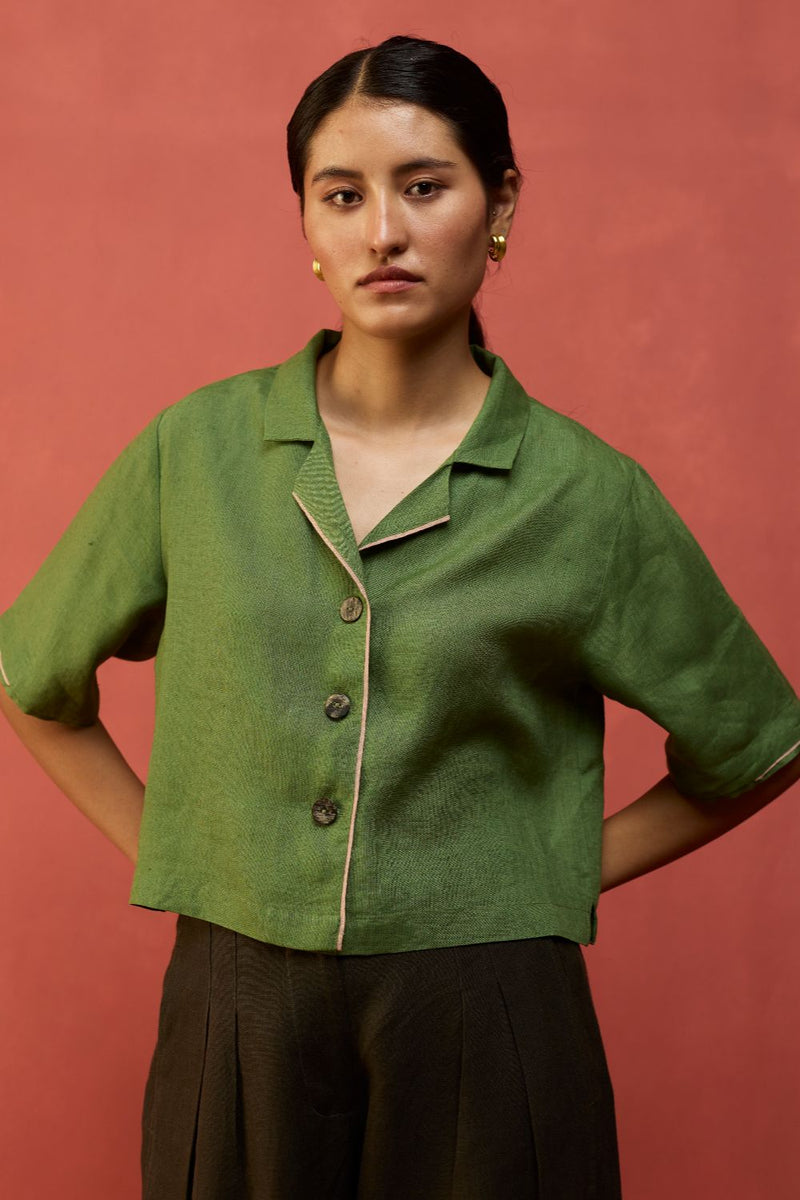 Kiera Cuban Collar Linen Co-ord Set - Fern Green by Manan for Worldwide