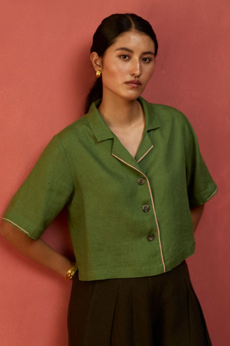 Kiera Cuban Collar Linen Co-ord Set - Fern Green by Manan for Worldwide
