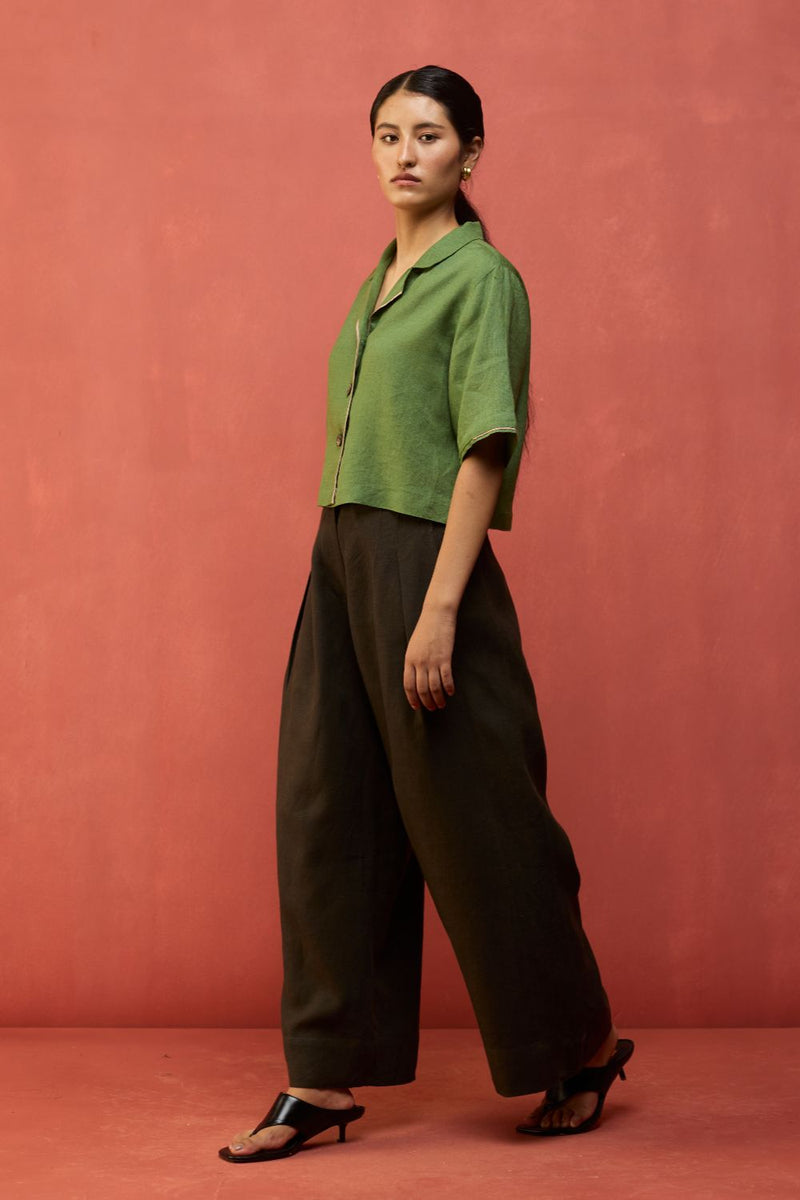 Kiera Cuban Collar Linen Co-ord Set - Fern Green by Manan for Worldwide