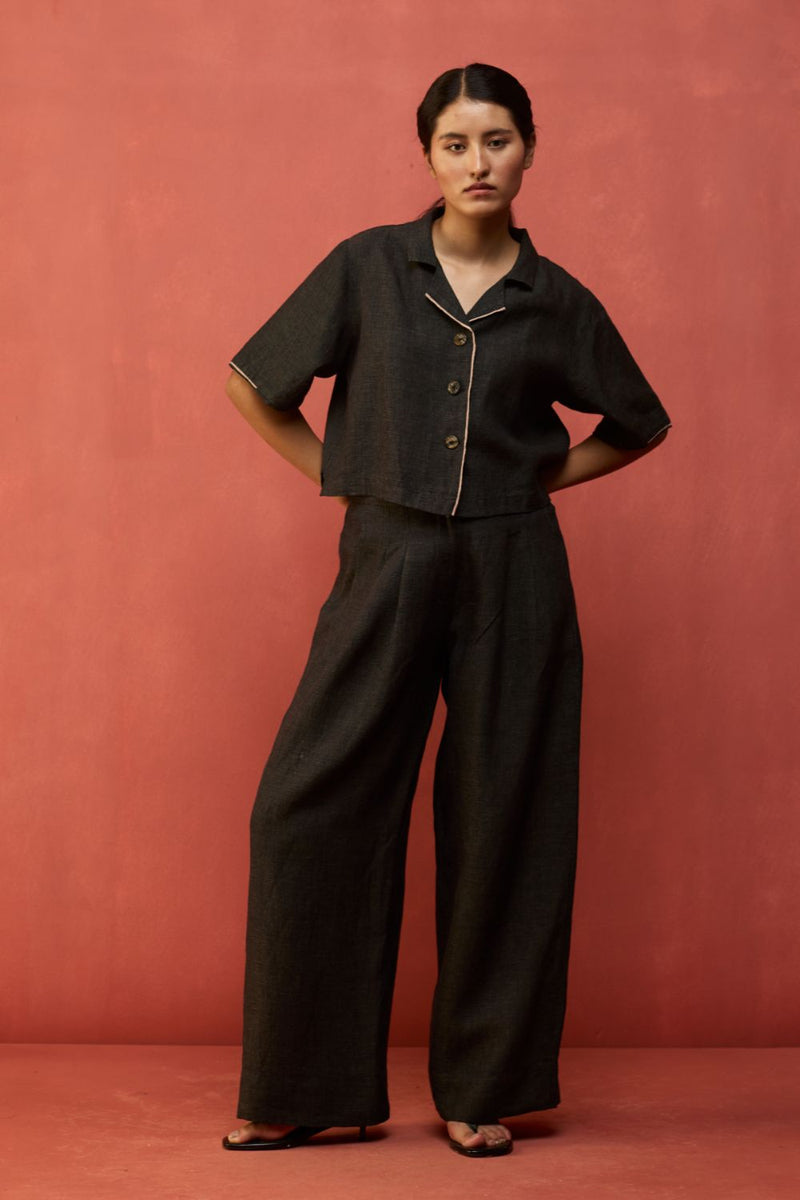 Kiera Cuban Collar Linen Co-ord Set - Charcoal by Manan for Worldwide