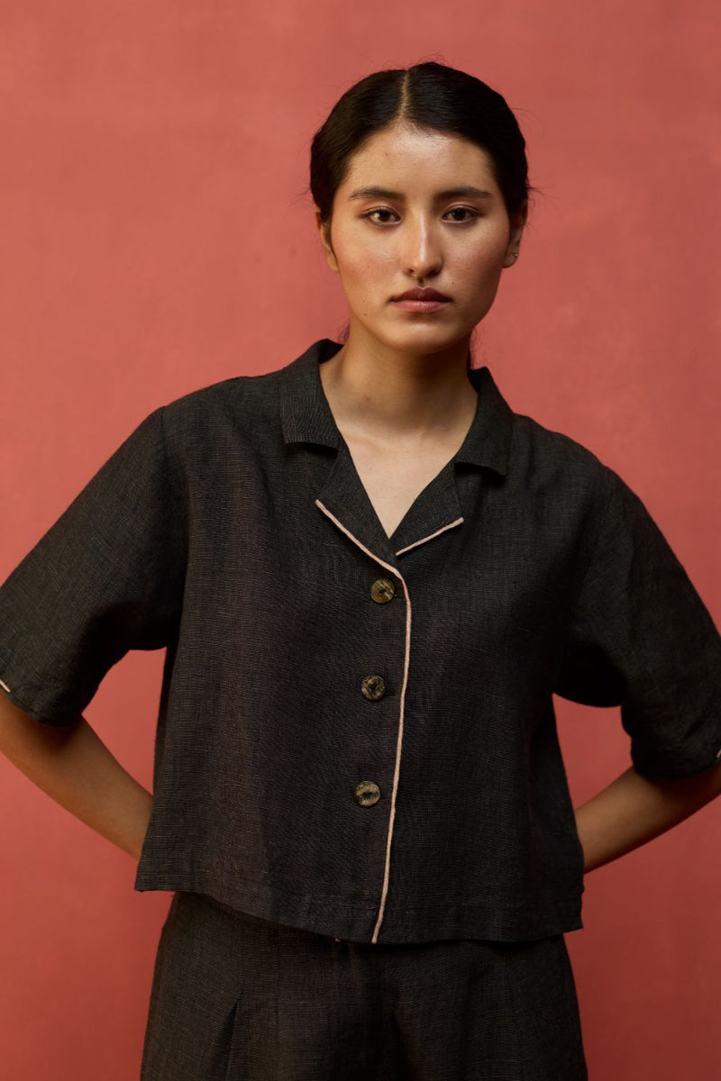 Kiera Cuban Collar Linen Co-ord Set - Charcoal by Manan for Worldwide