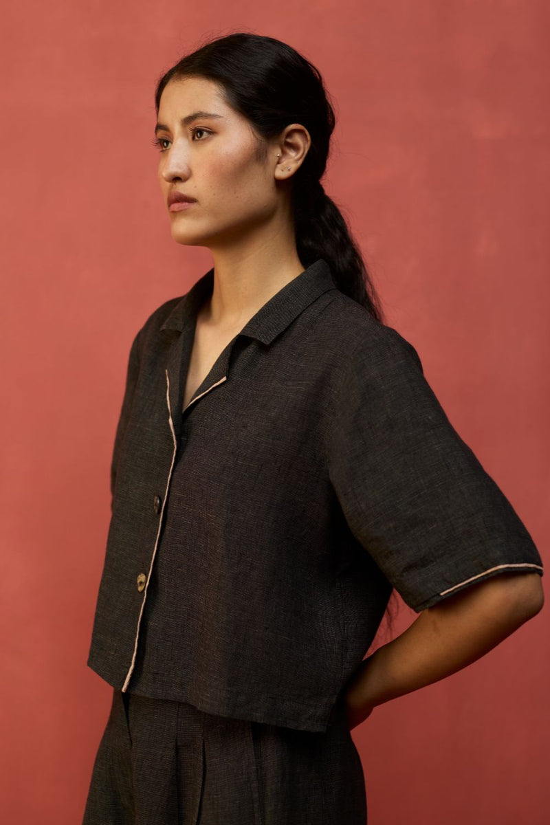 Kiera Cuban Collar Linen Co-ord Set - Charcoal by Manan for Worldwide