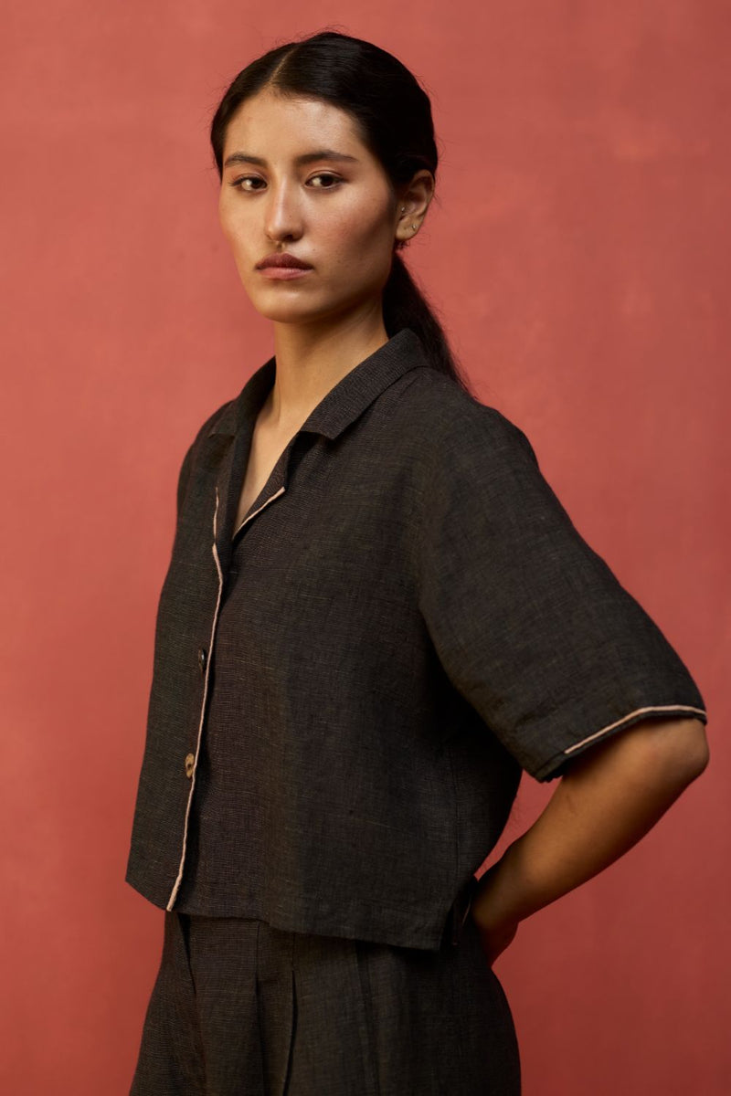 Kiera Cuban Collar Linen Co-ord Set - Charcoal by Manan for Worldwide