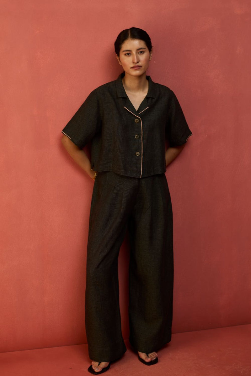 Kiera Cuban Collar Linen Co-ord Set - Charcoal by Manan for Worldwide
