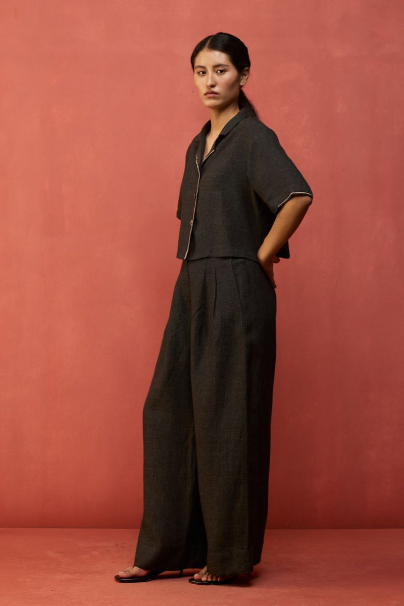 Kiera Cuban Collar Linen Co-ord Set - Charcoal by Manan for Worldwide