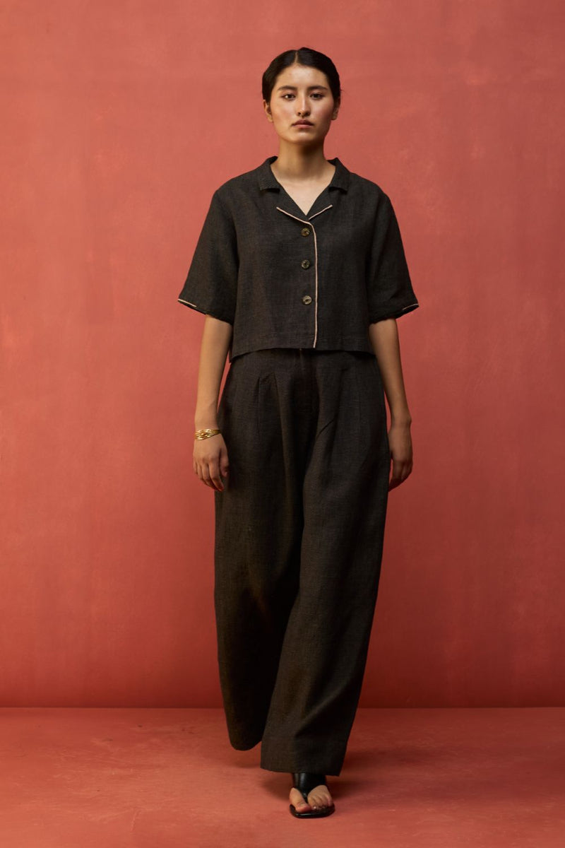 Kiera Cuban Collar Linen Co-ord Set - Charcoal by Manan for Worldwide