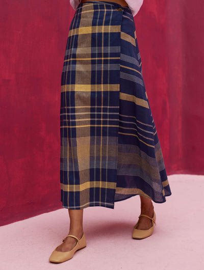 Para Check Linen Skirt - Navy