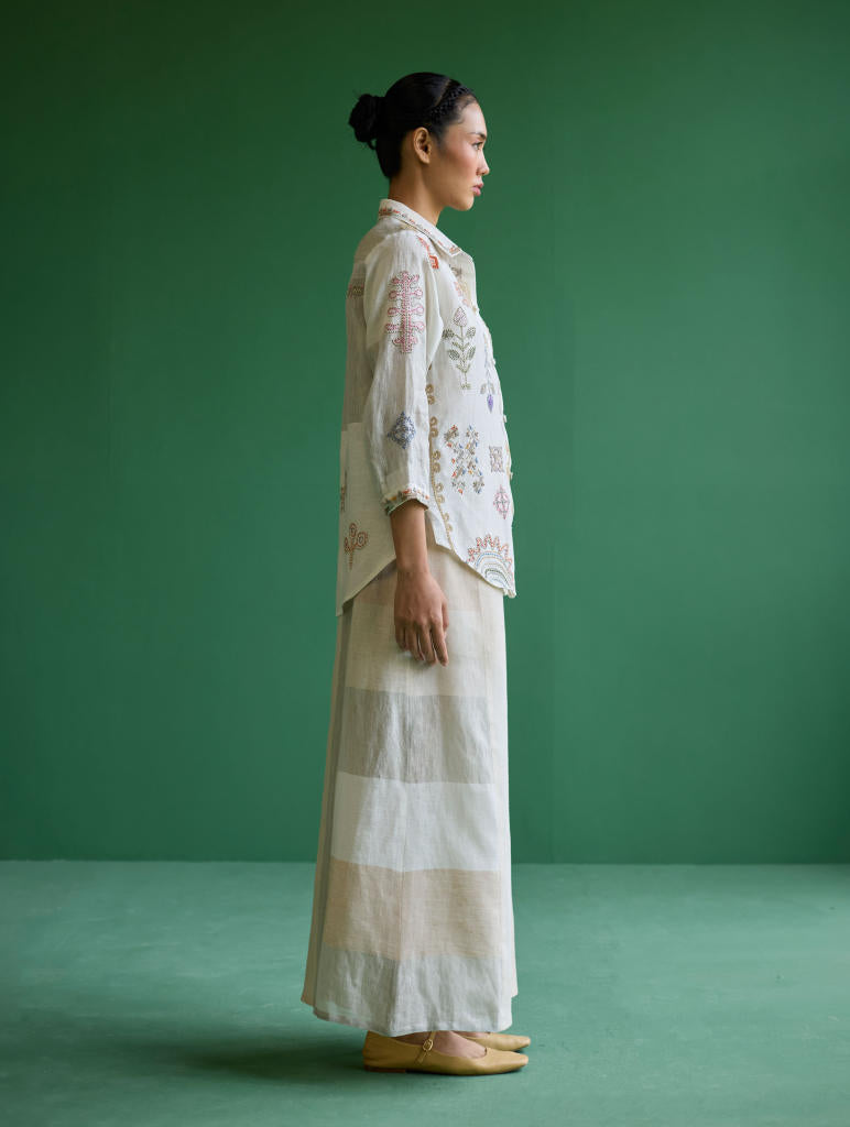Tansa Hand-Embroidered Co-ord Set - Ivory linen by Manan in ivory color for women Worldwide