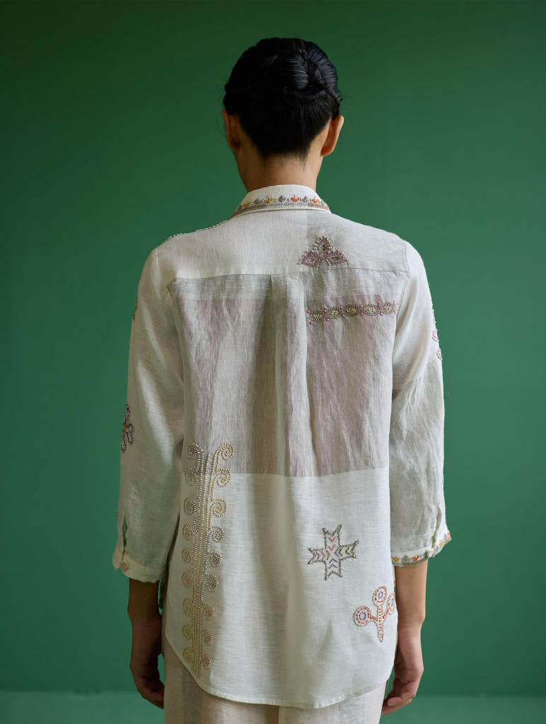 Tansa Hand-Embroidered Metallic Linen Shirt
 - Ivory linen by Manan in ivory color for women Worldwide