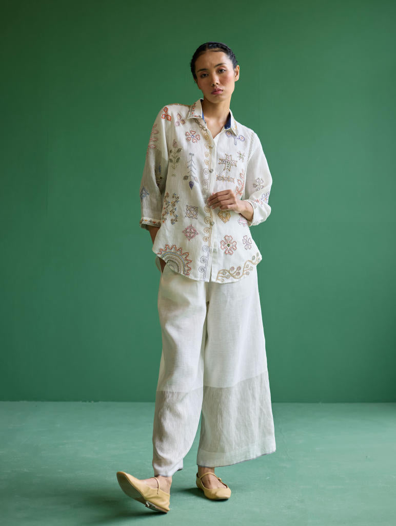 Tansa Hand-Embroidered Metallic Linen Shirt
 - Ivory linen by Manan in ivory color for women Worldwide