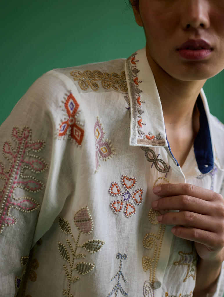 Tansa Hand-Embroidered Metallic Linen Shirt
 - Ivory linen by Manan in ivory color for women Worldwide