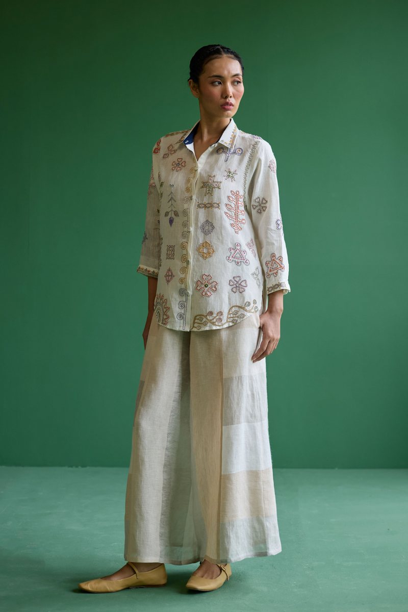 Tansa Hand-Embroidered Co-ord Set - Ivory linen by Manan in ivory color for women Worldwide