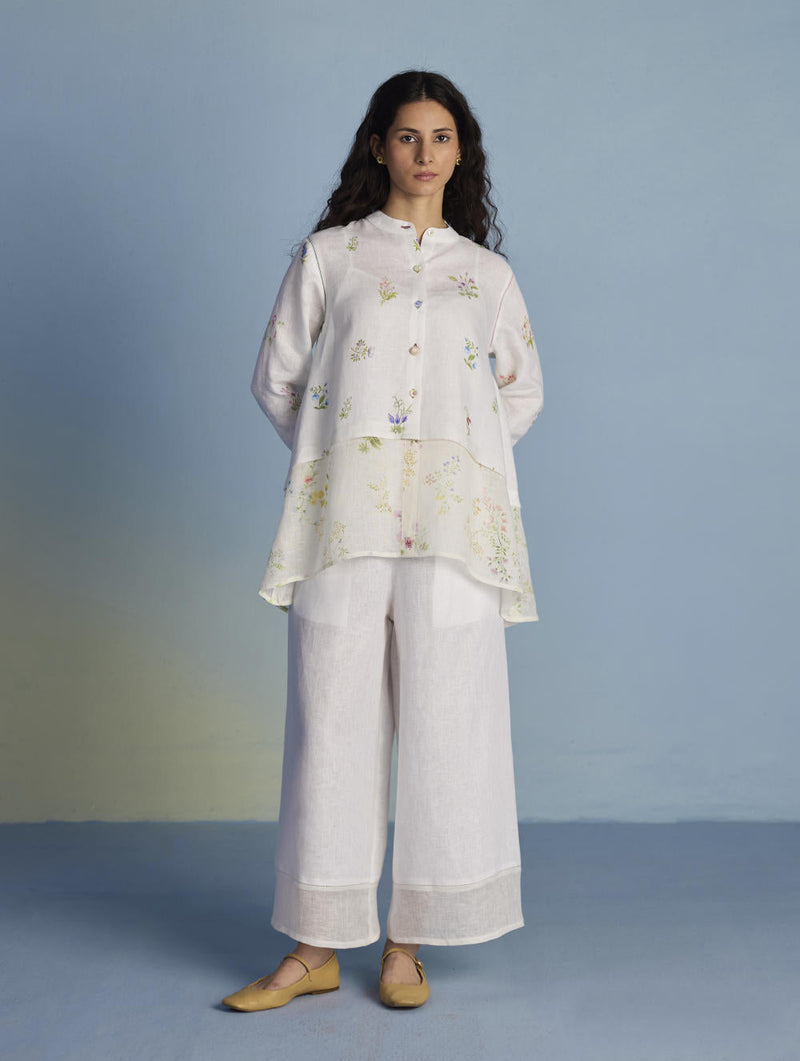 Leina Floral Linen A-Line Shirt - White linen by Manan in white color for women Worldwide