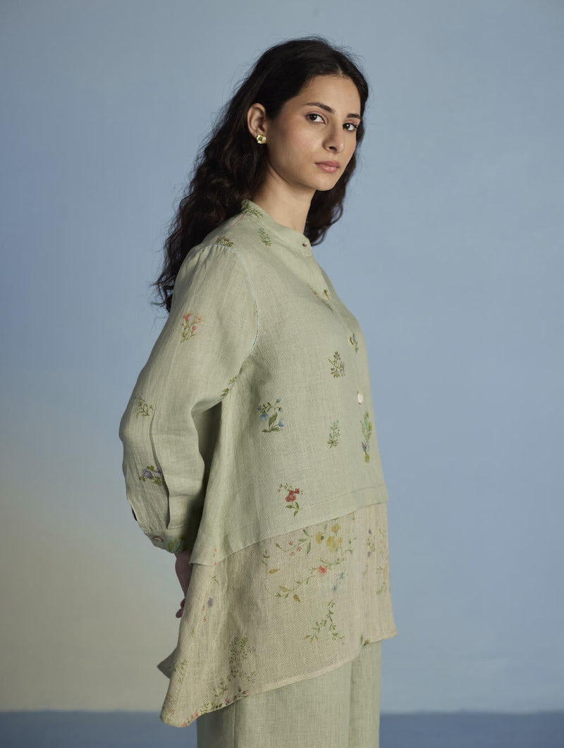 Leina A-Line Floral Linen Shirt - Mint linen by Manan in mint color for women Worldwide