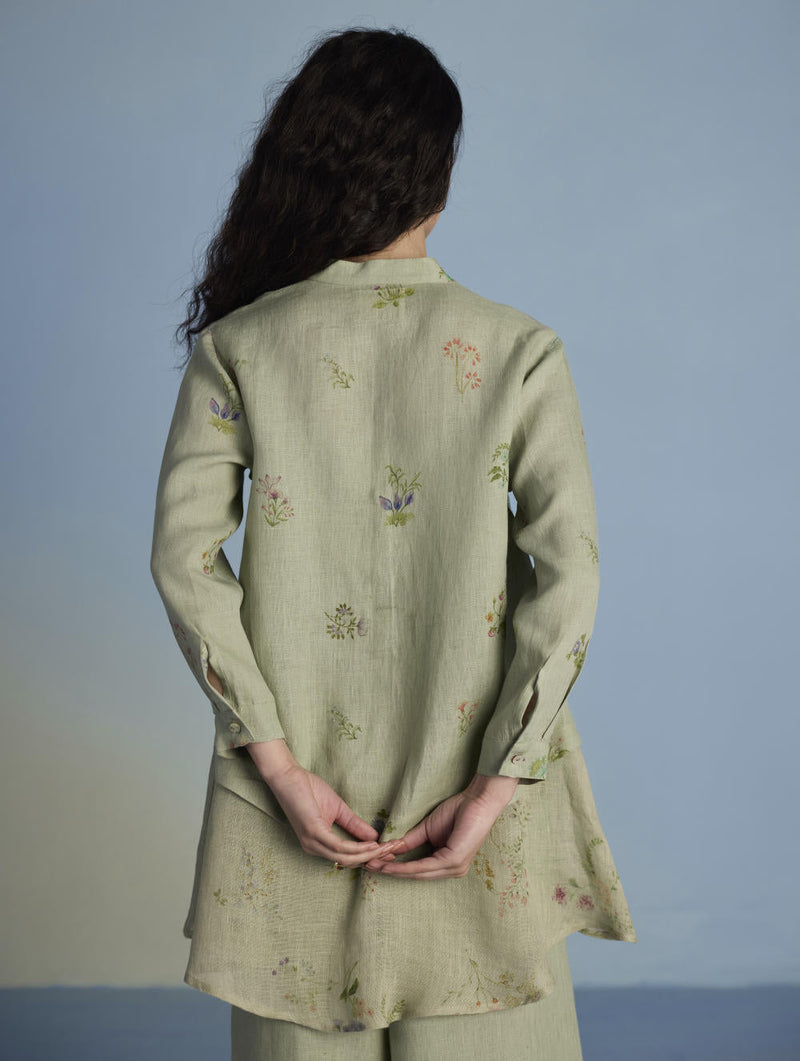 Leina A-Line Floral Linen Shirt - Mint linen by Manan in mint color for women Worldwide