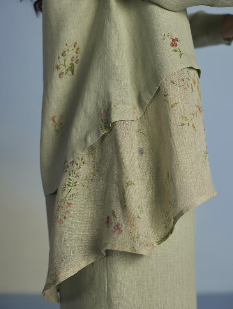 Leina A-Line Floral Linen Shirt - Mint linen by Manan in mint color for women Worldwide