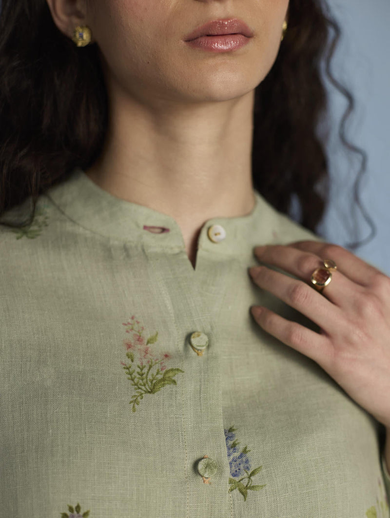 Leina A-Line Floral Linen Shirt - Mint linen by Manan in mint color for women Worldwide