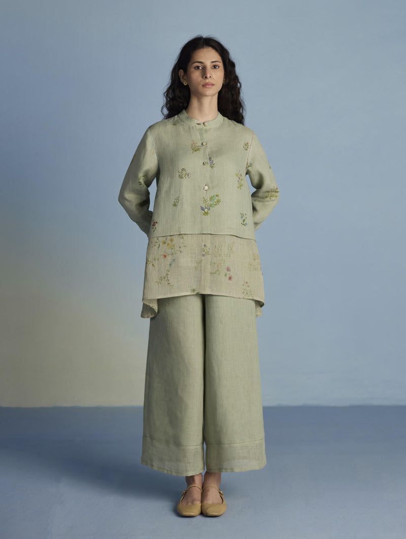 Leina A-Line Floral Linen Shirt - Mint linen by Manan in mint color for women Worldwide