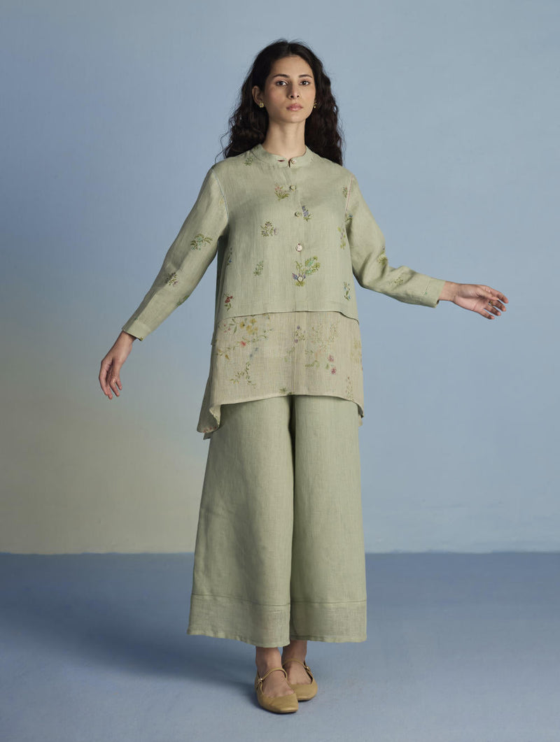 Leina A-Line Floral Linen Shirt - Mint linen by Manan in mint color for women Worldwide