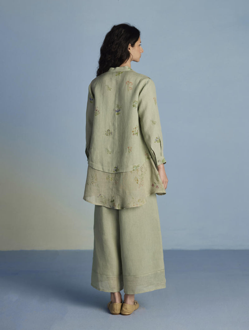 Leina A-Line Floral Linen Shirt - Mint linen by Manan in mint color for women Worldwide