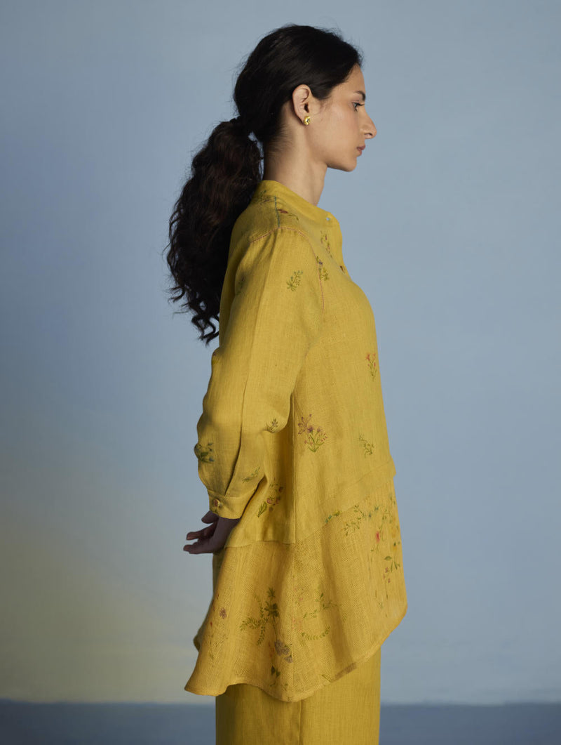 Leina A-Line Floral Linen Shirt - Ochre linen by Manan for women Worldwide