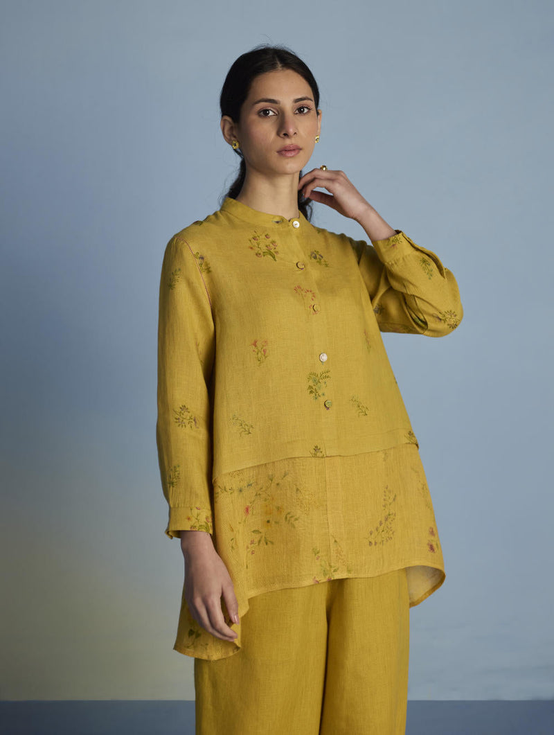 Leina A-Line Floral Linen Shirt - Ochre linen by Manan for women Worldwide
