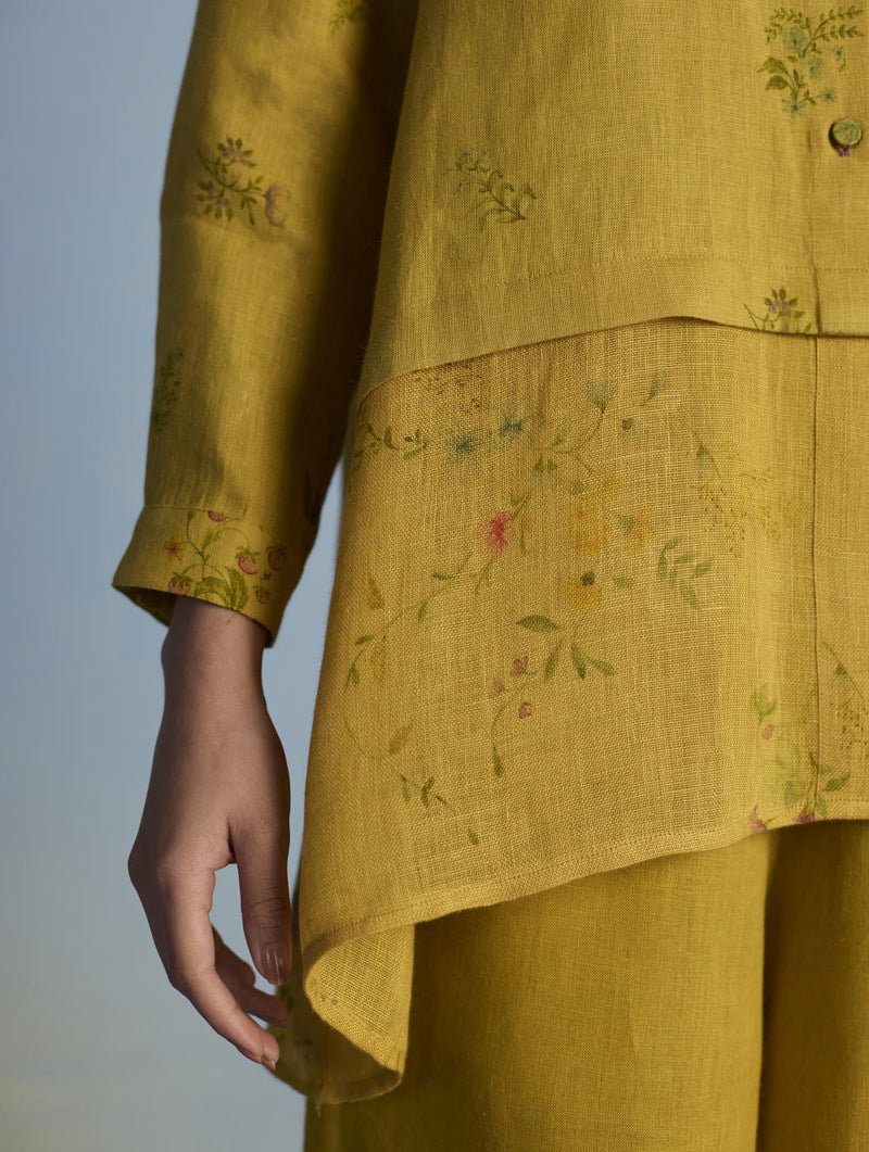 Leina A-Line Floral Linen Shirt - Ochre linen by Manan for women Worldwide