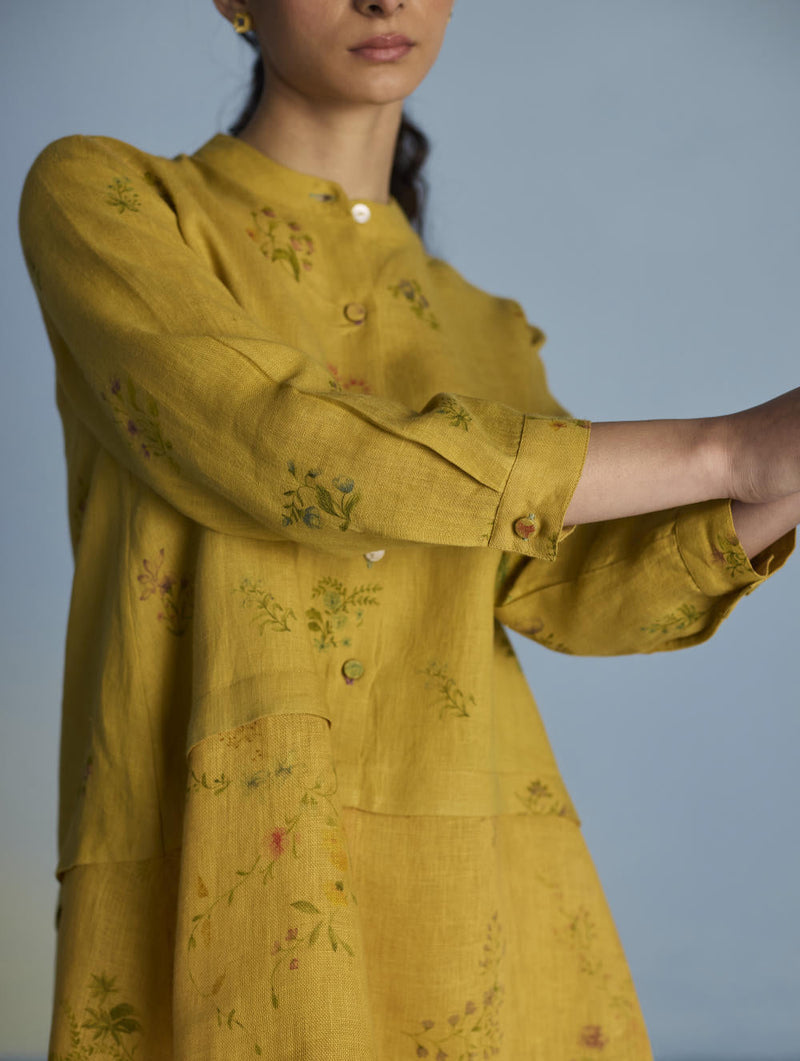 Leina A-Line Floral Linen Shirt - Ochre linen by Manan for women Worldwide