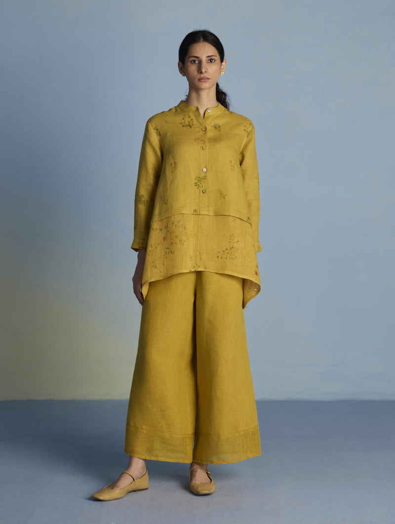Leina A-Line Floral Linen Shirt - Ochre linen by Manan for women Worldwide