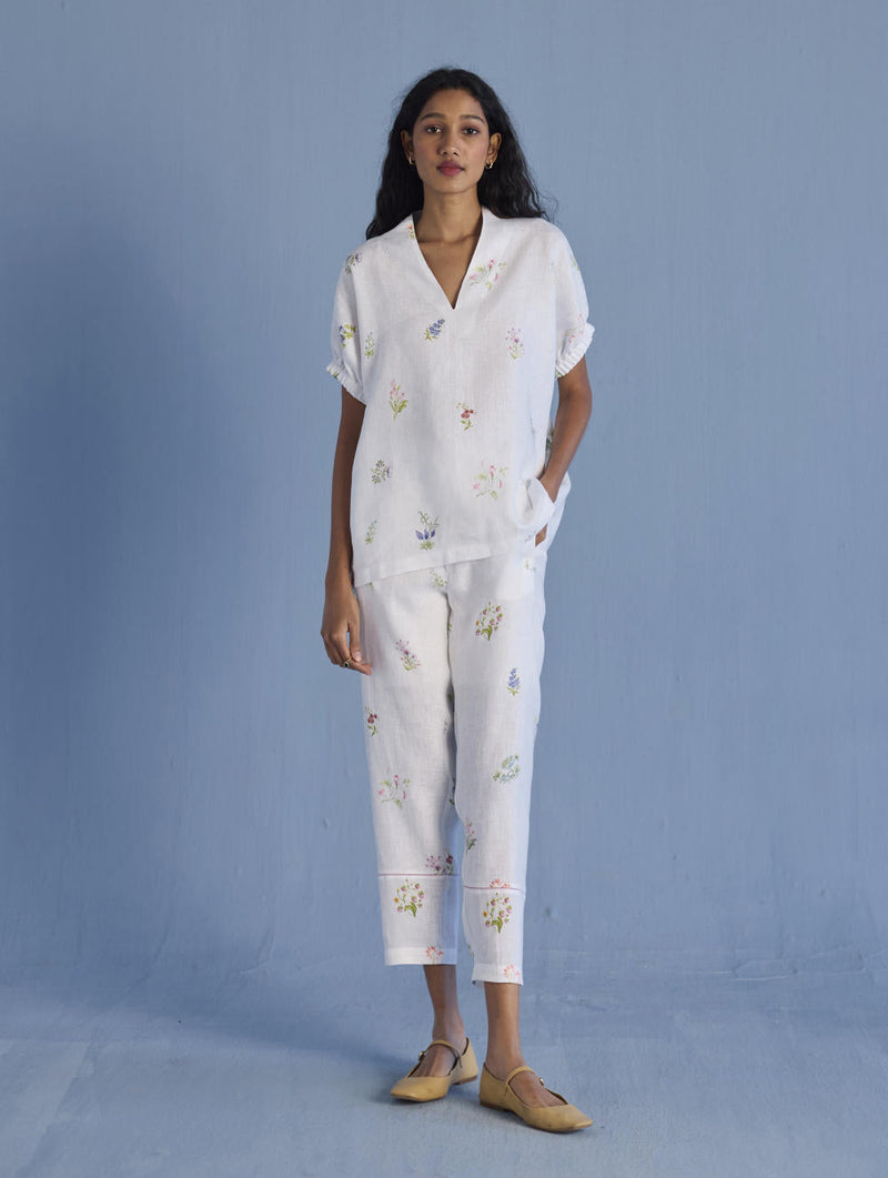 Mihen Elasticated Sleeve Co-ord Set - White linen by Manan in white color for women Worldwide