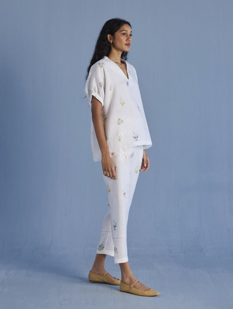 Mihen Elasticated Sleeve Co-ord Set - White linen by Manan in white color for women Worldwide