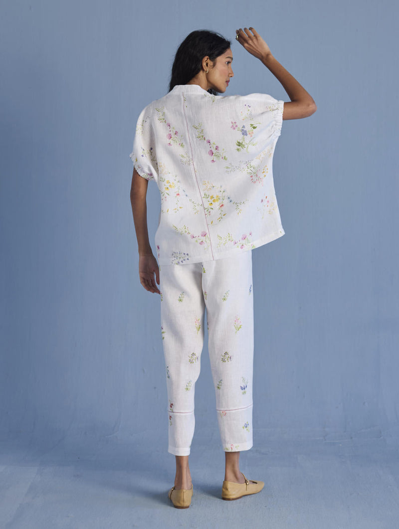 Mihen Elasticated Sleeve Co-ord Set - White linen by Manan in white color for women Worldwide