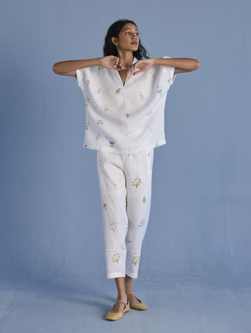 Mihen Elasticated Sleeve Linen Top - White linen by Manan in white color for women Worldwide