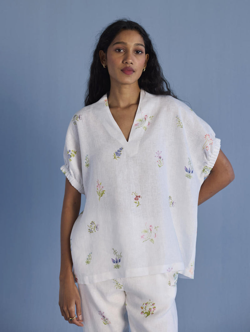 Mihen Elasticated Sleeve Co-ord Set - White linen by Manan in white color for women Worldwide