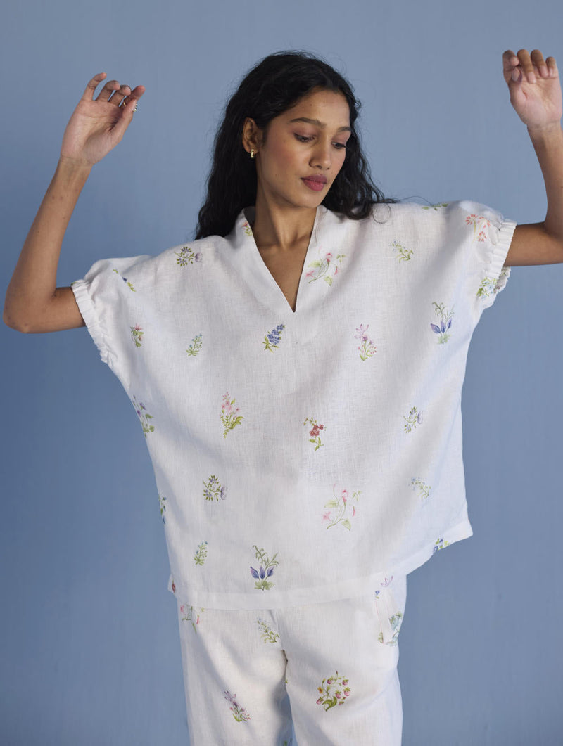 Mihen Elasticated Sleeve Co-ord Set - White linen by Manan in white color for women Worldwide
