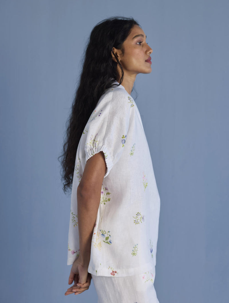 Mihen Elasticated Sleeve Co-ord Set - White linen by Manan in white color for women Worldwide