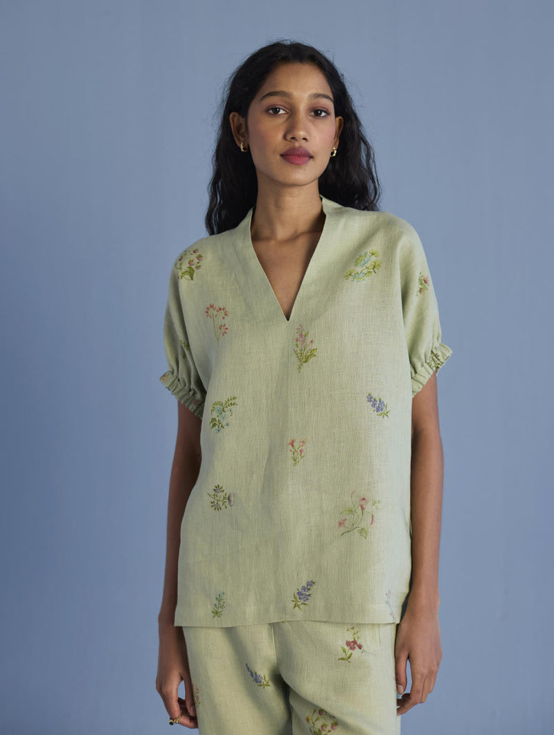 Mihen Elasticated Sleeve Linen Top - Mint linen by Manan in mint color for women Worldwide