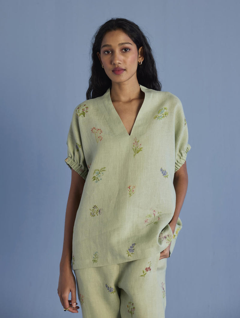 Mihen Elasticated Sleeve Co-ord Set - Mint linen by Manan in mint color for women Worldwide