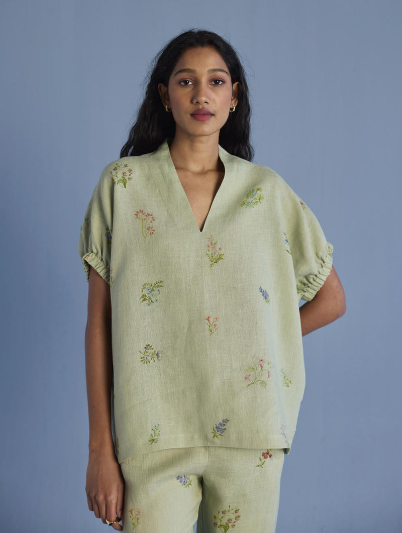 Mihen Elasticated Sleeve Linen Top - Mint linen by Manan in mint color for women Worldwide