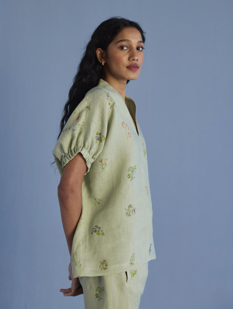 Mihen Elasticated Sleeve Linen Top - Mint linen by Manan in mint color for women Worldwide