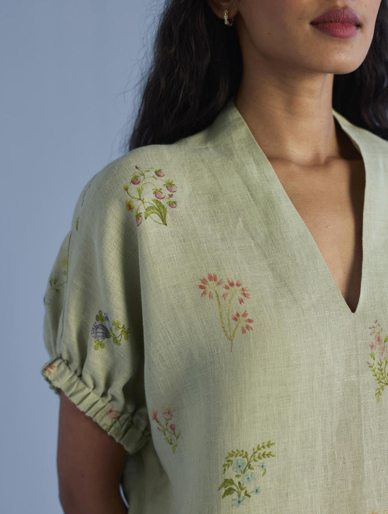 Mihen Elasticated Sleeve Co-ord Set - Mint linen by Manan in mint color for women Worldwide