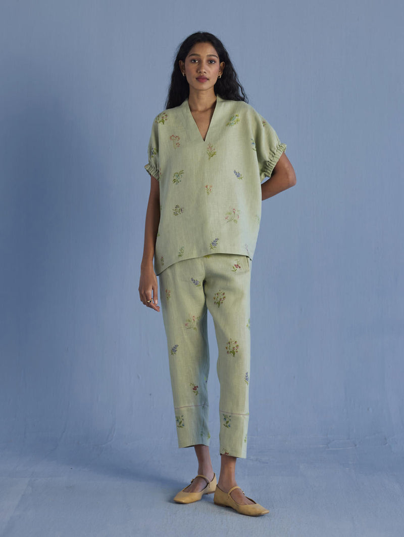 Mihen Elasticated Sleeve Linen Top - Mint linen by Manan in mint color for women Worldwide