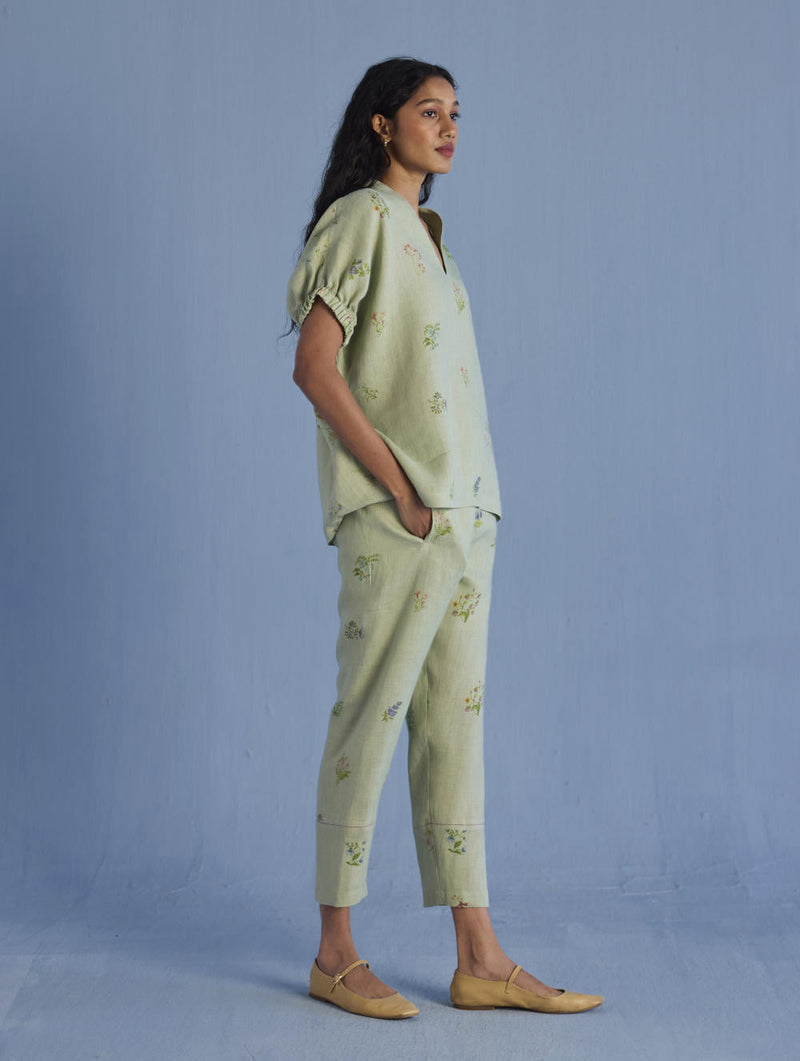 Mihen Elasticated Sleeve Linen Top - Mint linen by Manan in mint color for women Worldwide