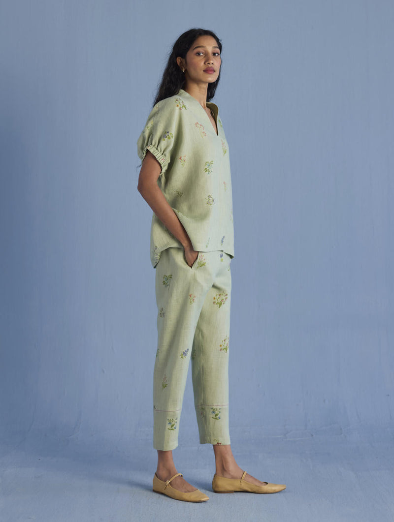 Mihen Elasticated Sleeve Co-ord Set - Mint linen by Manan in mint color for women Worldwide