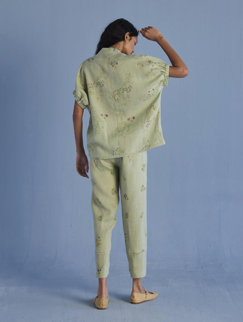 Mihen Elasticated Sleeve Linen Top - Mint linen by Manan in mint color for women Worldwide
