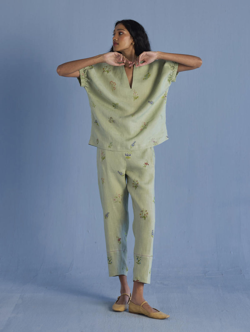 Mihen Elasticated Sleeve Linen Top - Mint linen by Manan in mint color for women Worldwide