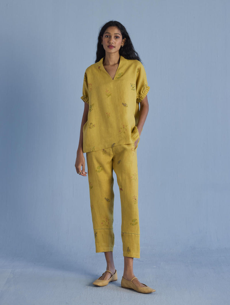 Mihen Elasticated Sleeve Linen Top - Ochre linen by Manan for women Worldwide