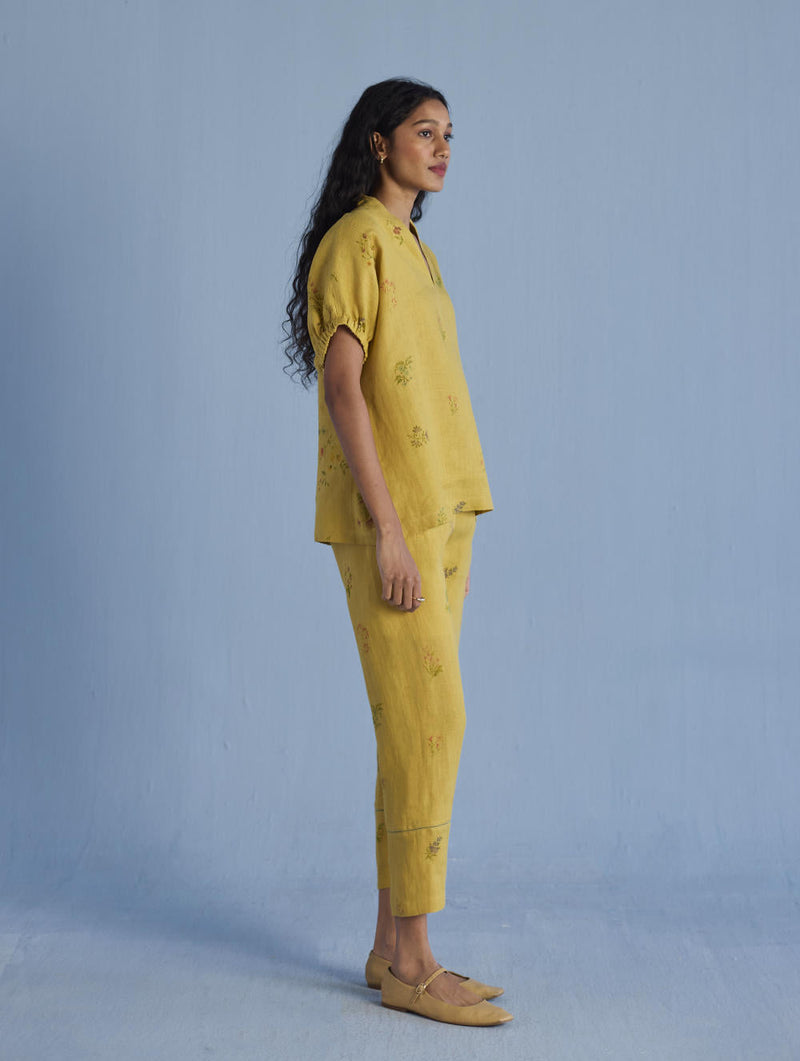 Mihen Elasticated Sleeve Linen Top - Ochre linen by Manan for women Worldwide