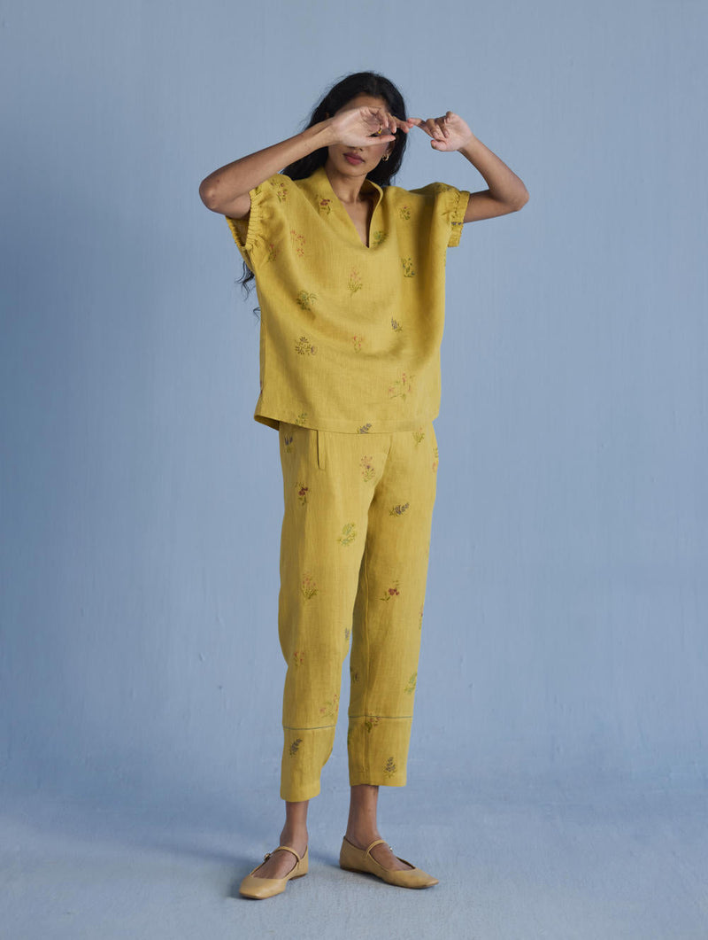 Mihen Elasticated Sleeve Co-ord Set - Ochre linen by Manan for women Worldwide